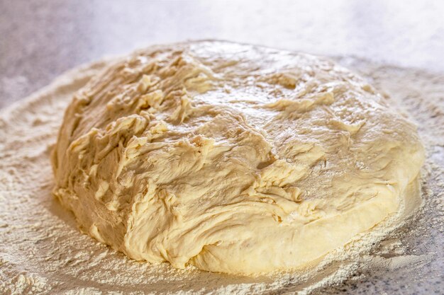 Textuur van gerold deeg achtergrond van het deeg voor bakken vers rauw deeg voor pizza of brood bakken Closeup gefermenteerde deeg zelfgemaakte Macro selectieve focus rauw deeg textuur achtergrond