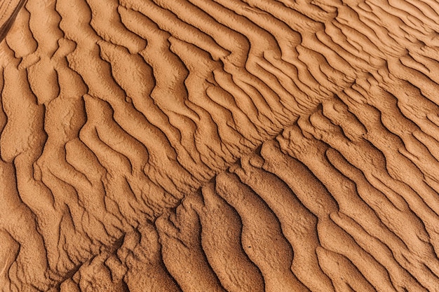Textuur van het zand in de woestijn golvende zand achtergrond bovenaanzicht