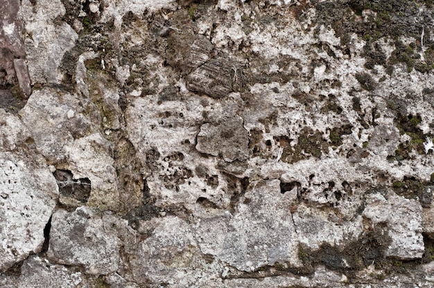 Textuur van oude ruwe grunge verweerde muur met scheuren en mos