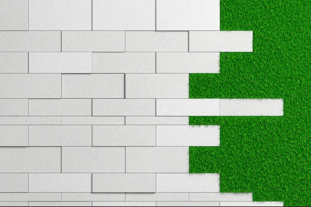 Textuur van plakken van verschillende grootte van ruw beton dat op een groen gazon wordt gelegd.