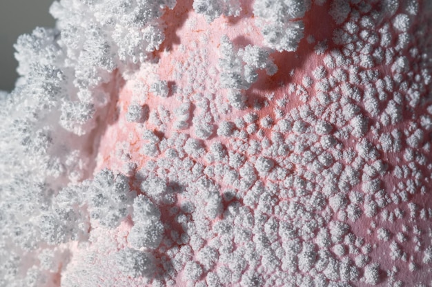 Textuur van witte schimmel op roze stenen oppervlak