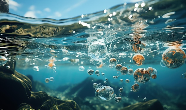 Foto textuurachtergrond van water, bellen in het water. selectieve zachte focus.