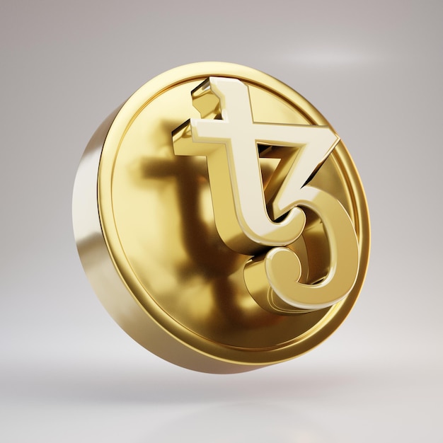 Photo tezos cryptocurrency coin. gold 3d rendered coin with tezos symbol isolated on white background.