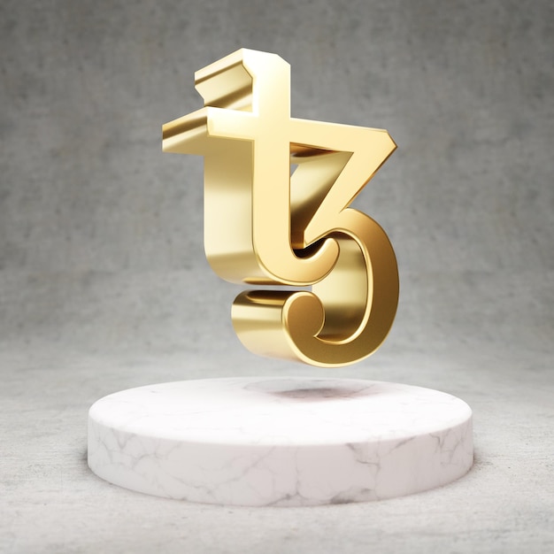 Tezos cryptocurrency-pictogram. Gouden 3d teruggegeven Tezos-symbool op wit marmeren podium.