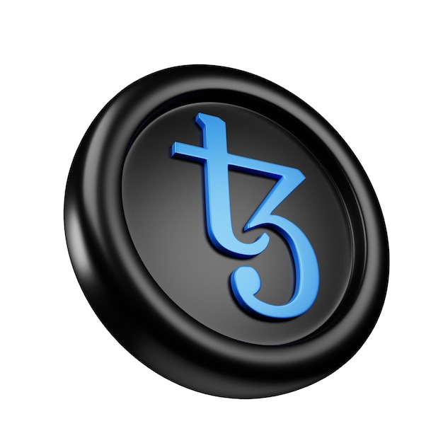 Tezos or XTZ black coin 3d rendering tilted right view cryptocurrency illustration cartoon style