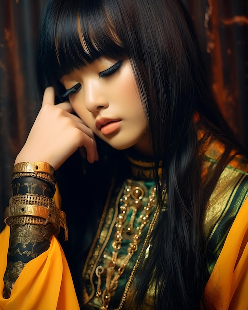 Thai asian japanese model closeup portrait with hair covered her face