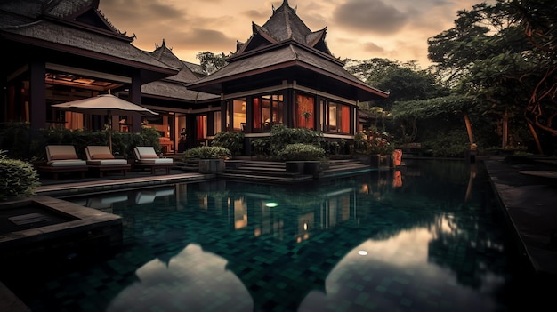 Thai balinese luxury villa with infinity swimming pool A tropical garden in ubud bali indonesia