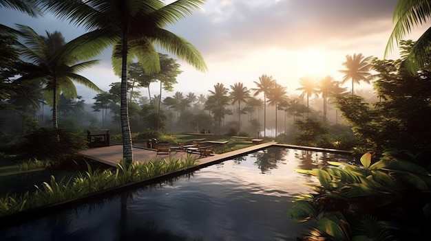 インフィニティ スイミング プールを備えたタイのバリの豪華なヴィラ インドネシア バリ島ウブドのトロピカル ガーデン