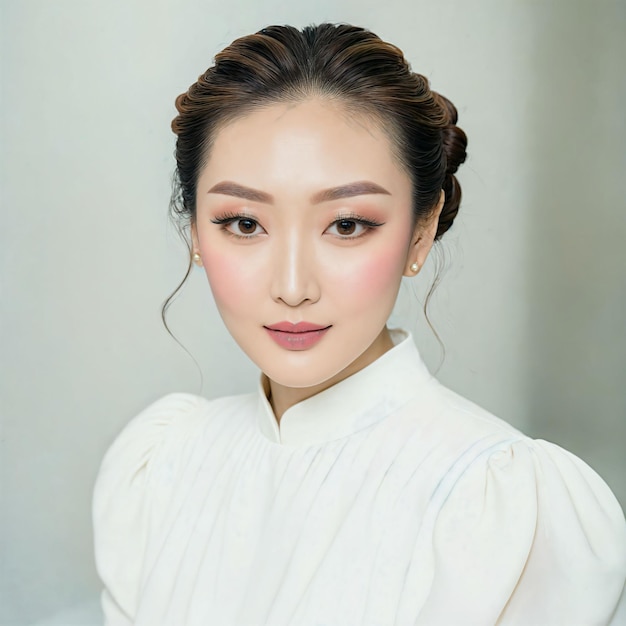 Photo thai beautiful woman wearing a white dress and has her hair in a bun the woman appears to be beautiful and elegant in her attire generative ai