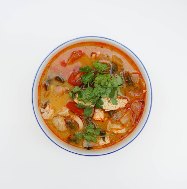 Thai boiled chicken hot and spicy soup in top down view angle on a white background