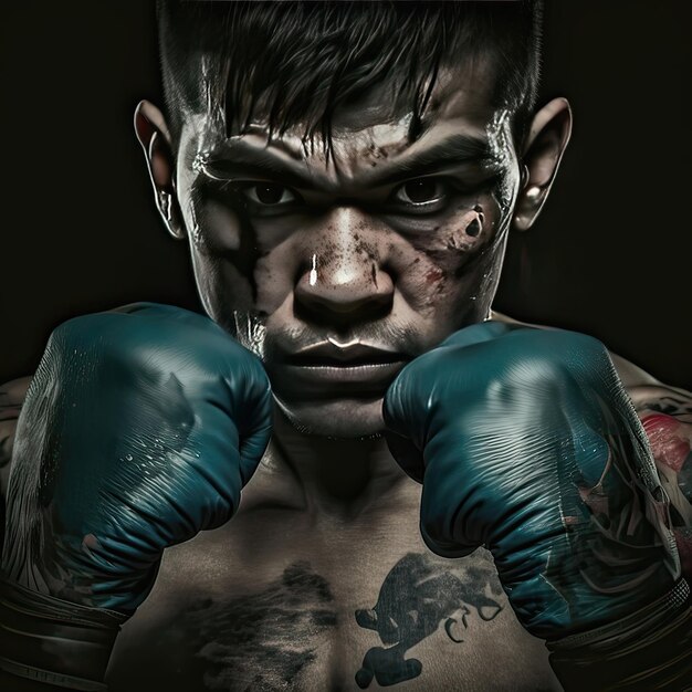 Thai boxer covers his face with a protective stance Martial arts tattoos boxing muaythai greyscale nonexistent person high resolution art generative artificial intelligence