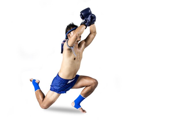 Photo thai boxer with thai boxing action, isolated on white background