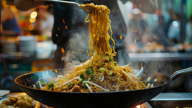 Photo a thai chef skillfully flipping pad see ew noodles in a sizzling wok infusing each bite with smoky flavor and savory goodness