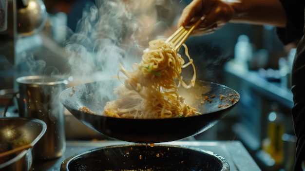 Photo a thai chef skillfully flipping pad see ew noodles in a sizzling wok infusing each bite with smoky flavor and savory goodness