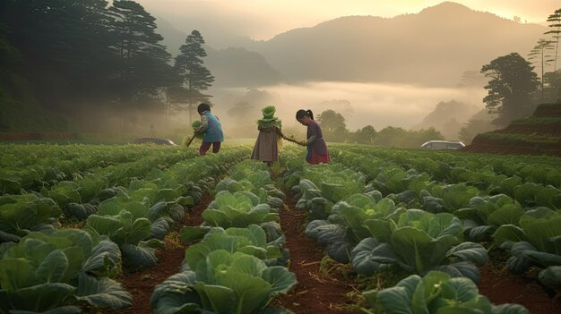 양배추 정원에서 긴 줄을 서서 양배추를 따고 있는 태국 어린이