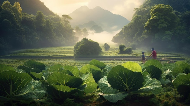 Thai child picking cabbage in the cabbage garden in a long line