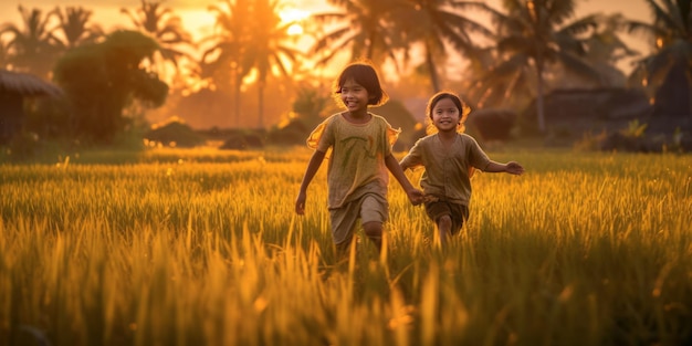 Thai children playing on a rice field cinematic golden light realistic