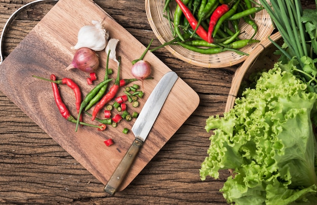 Thai chili on wooden block 