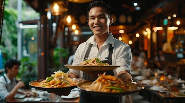 a Thai Cuisine Kaeng Khiao Wan Waiter serving in motion on duty in restaurant The waiter carries dishes