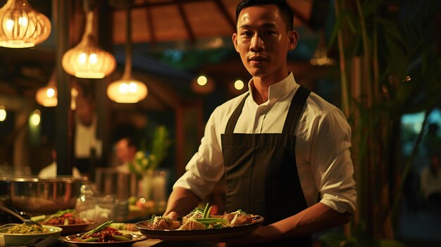 Photo a thai cuisine kaeng khiao wan waiter serving in motion on duty in restaurant the waiter carries dishes