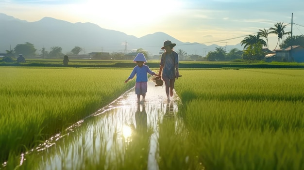 Thai farmers fertilize rice fields in the morning