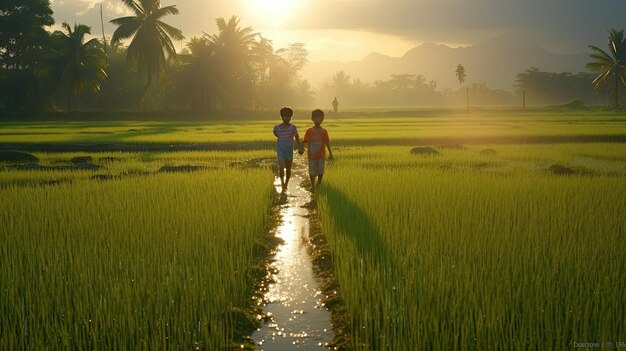 Тайские фермеры утром удобряют рисовые поля