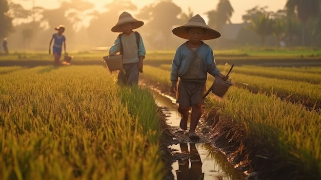 タイの農家は朝に田んぼに肥料をやる