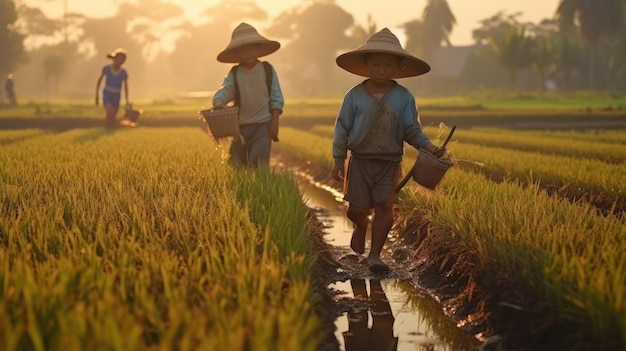 Thai farmers fertilize rice fields in the morning