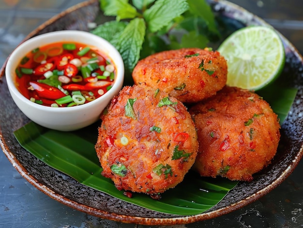 Photo thai fish cakes spicy fish cakes served with a cucumber relish