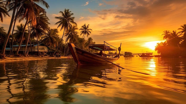 A Thai fishing boat glides peacefully through turquoise waters framed by vibrant palm Generative AI