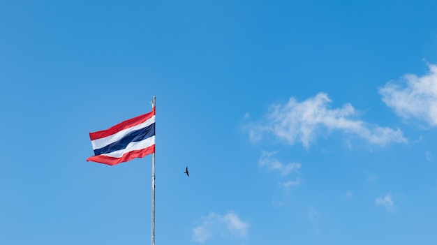 The Thai flag has red white and blue colors on the fabric On the high pole the wind blew the flag sunlight shining clear sky A small bird flew by There are beautiful bright clouds