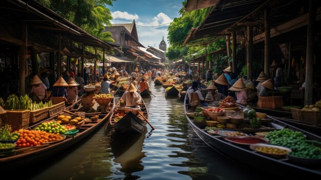 Thai Floating Market with Vendors in Wooden Boats and Aromatic Delights