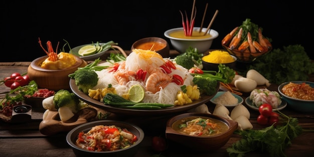 Thai food background Dishes of thai cuisine Tom yum tom kha gai pad thai noodles fried rice