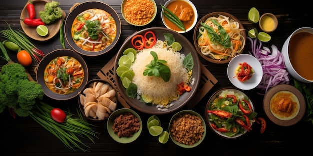 Thai food background Dishes of thai cuisine Tom yum tom kha gai pad thai noodles fried rice