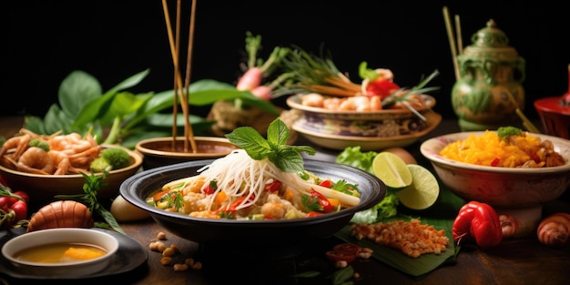 Thai food background Dishes of thai cuisine Tom yum tom kha gai pad thai noodles fried rice