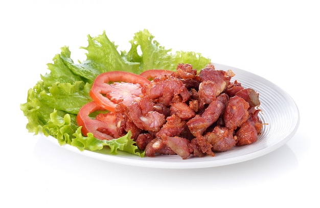 Thai food.Fried pork and vegetable on white background