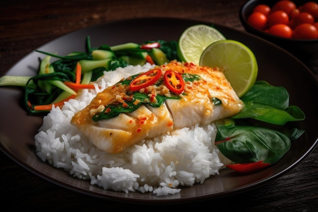 Thai food includes coconut rice spinach leaves and steamed sea bass in a sweet and sour sauce