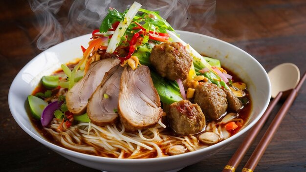 Thai food noodles with pork meatball and vegetable