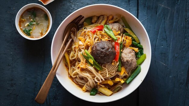 Thai food noodles with pork meatball and vegetable