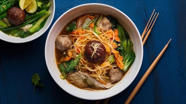 Thai food noodles with pork meatball and vegetable