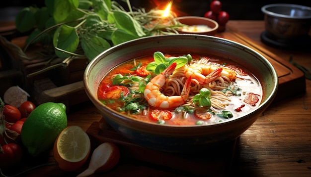 Foto zuppa di cibo tailandese tomyum con gamberi
