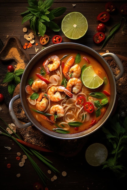 Foto zuppa di cibo tailandese tomyum con gamberi