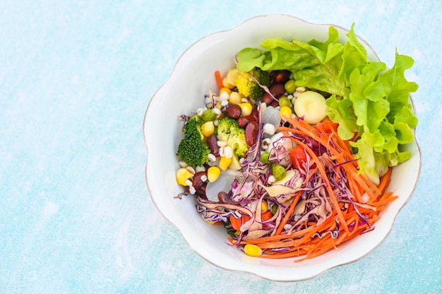 Thai food vegetable salads on salads bowl with fresh vegetable fruit nuts and grains for healthy food mixed vegetable salad vegetarian green and colorful food on table for breakfast