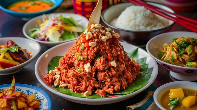 Thai foodspicy minced pork serve with side dishes