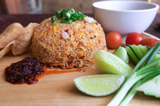 Thai fried rice On a wooden chopping board