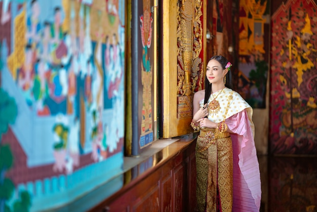 Thai girl in traditional thai costume, identity culture of Thailand.