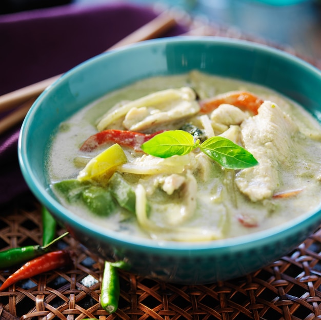 Thai green curry with chicken in a bowl