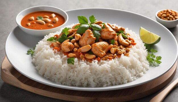 A Thai inspired Chicken and Cashew Red Curry with Rice and Herbs The dish is presented in an elega