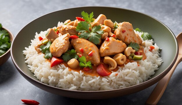 A Thai inspired Chicken and Cashew Red Curry with Rice and Herbs The dish is presented in an elega