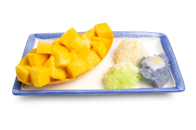 Thai Mango and Sticky Rice Authentic Thai Desserts with topping of coconut milk and golden roasted